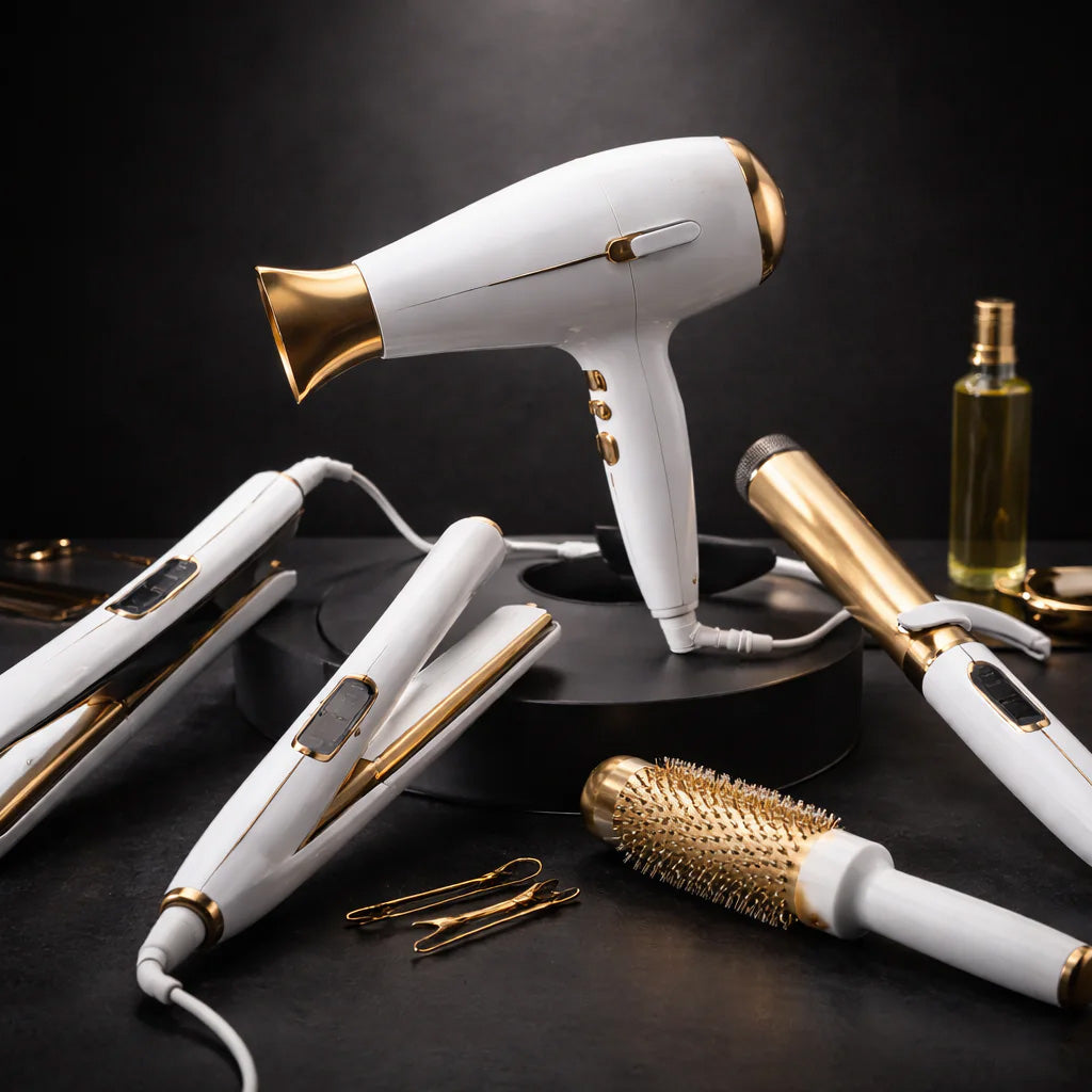 Fön, Glätteisen und Lockenstäbe aus weißem Plastik mit goldenen Einsätzen im Studio fotografiert vor schwarzem Hintergrund